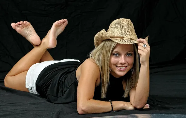 Smile, barefoot, dress, blonde, lies, hat, beautiful, heel