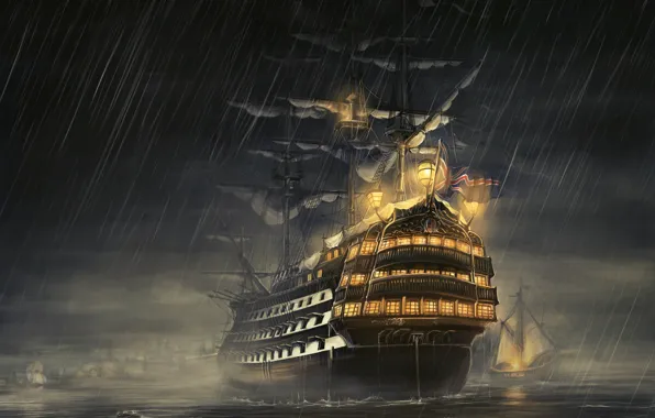 Sea, night, rain, ship, sailboat, rain, frigate