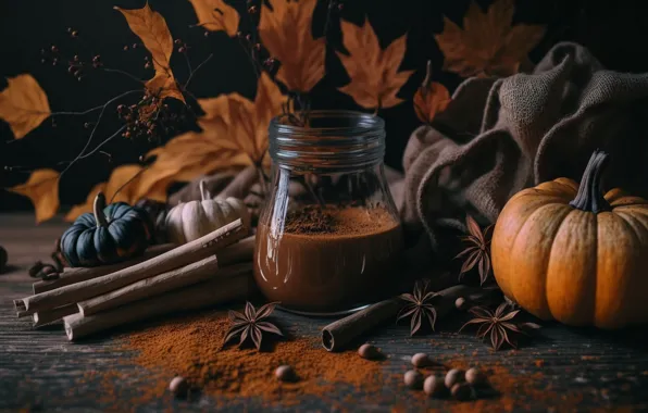 Autumn, branches, the dark background, rendering, table, Board, graphics, coffee