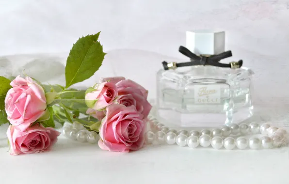 Picture roses, perfume, necklace, vintage