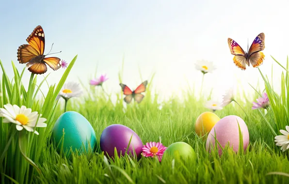 Flowers, eggs, spring, colorful, Easter, happy, flowers, spring