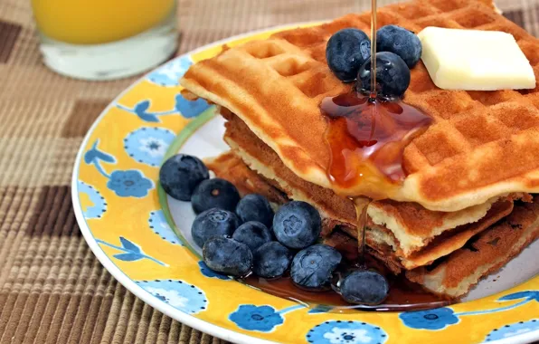 Oil, food, juice, honey, waffles, syrup, blueberries