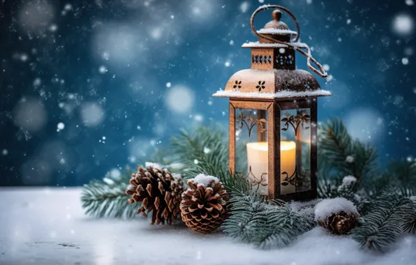 Winter, snow, decoration, night, New Year, Christmas, lantern, light