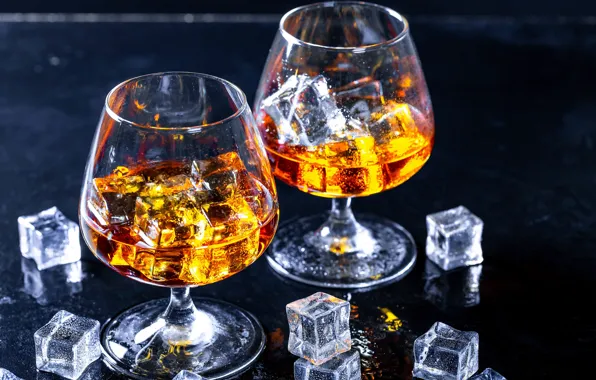 Glass, ice, cube, cognac, brandy