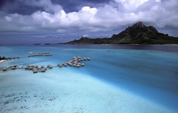 Sea, clouds, mountains, Polynesia, Bora Bora, houses