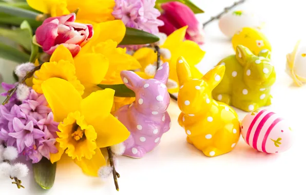 Flowers, holiday, eggs, spring, Easter, rabbits, tulips, lilac