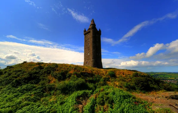 Field, the sky, clouds, hills, tower, Ireland, Scrabo Tower