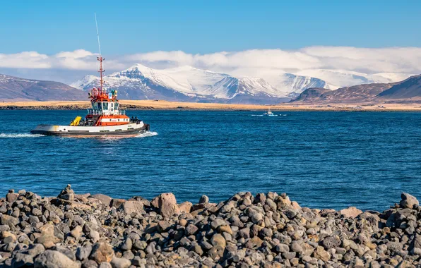 Picture sea, mountains, boat, Iceland