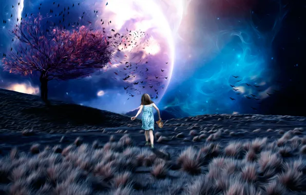Space, fantasy, tree, art, girl, Lost in a Dream, leaves birds, ????