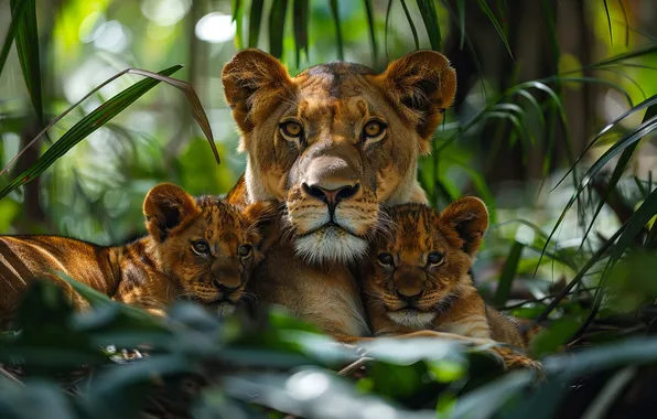 Look, Lioness, Kittens, Face, Digital art, Big cat, Cubs, Predator