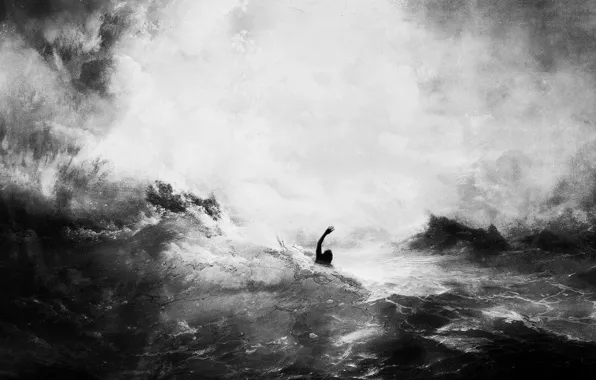 Sea, wave, black and white, people