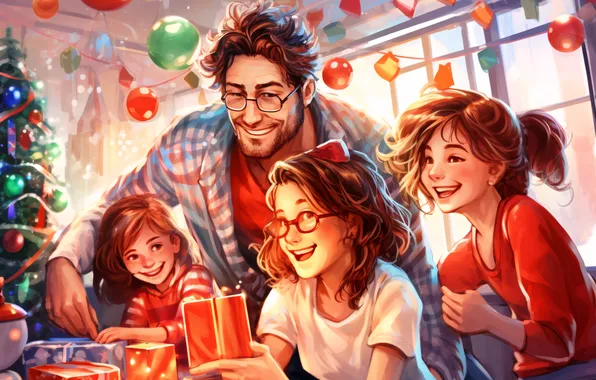 Smile, Children, Christmas, New year, Family, Tree, Girls, Male