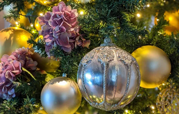 Balls, flowers, balls, Christmas, New year, tree, hydrangea