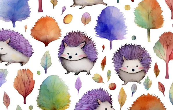 Autumn, leaves, trees, texture, watercolor, white background, hedgehog, the bushes