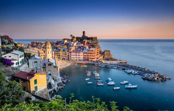 Sea, coast, building, home, boats, Italy, Italy, The Ligurian sea