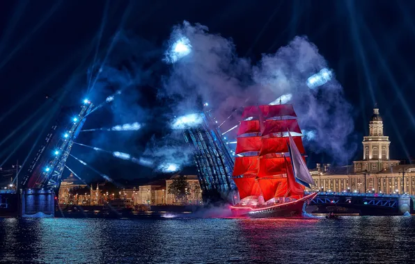 Picture Scarlet sails, ship, rays, bridge, Saint Petersburg, Neva, home, sailboat