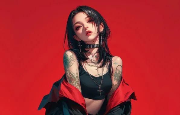 Girl, Anime, Tattoo, Black Hair, Red Background, Anime Girl, AI Art