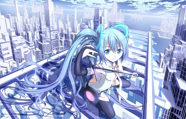 Picture girl, the city, home, art, microphone, vocaloid, hatsune miku, Vocaloid