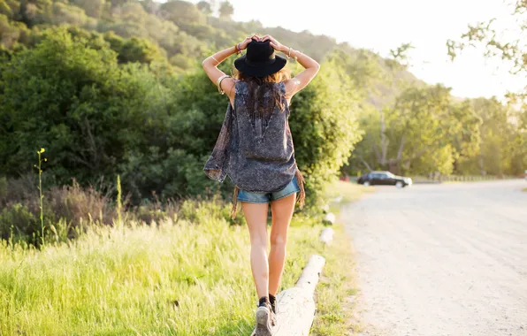 Road, girl, trees, street, feet, shorts, hat, is