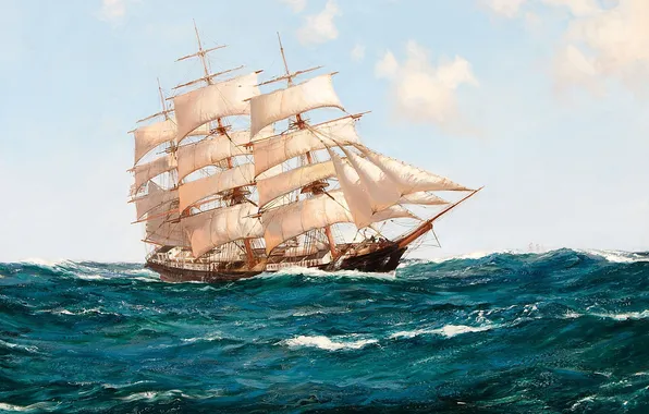 Picture sea, wave, sailboat, Montague Dawson