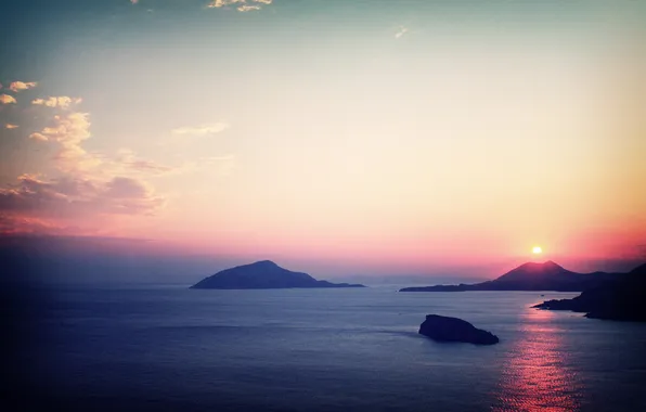 Sea, clouds, sunset, reflection, island