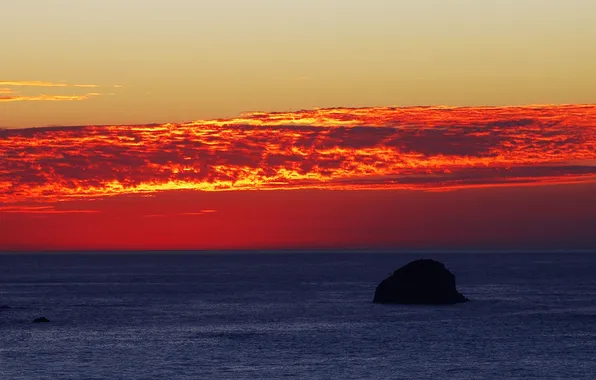 Picture sea, sunset, horizon, island, orange sky