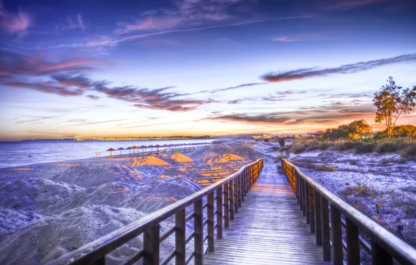 Sea, light, lights, the ocean, shore, landscapes, the evening, bridges