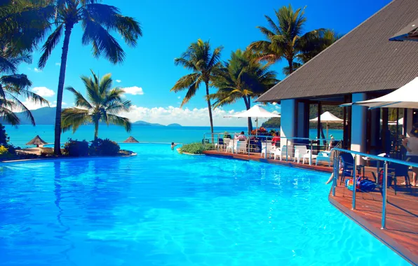 The sky, clouds, mountains, palm trees, people, stay, pool, Bungalow