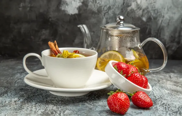 Tea, kettle, strawberry, Cup