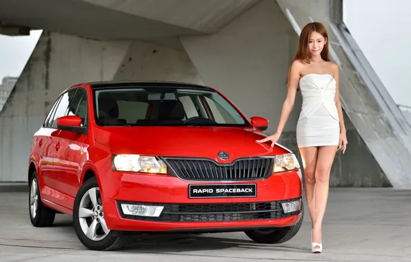 Look, Girls, Asian, beautiful girl, Skoda, red car, posing on the car