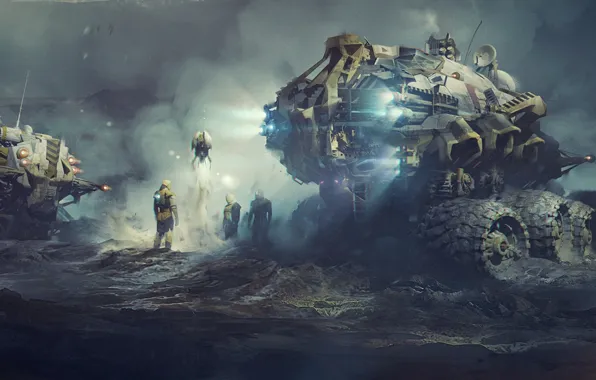 Space, fiction, planet, suits, engineers, drone