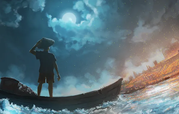 Picture lights, fire, shore, boat, fishman
