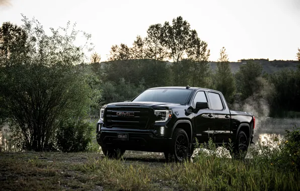 Black, shore, vegetation, pickup, pond, 2018, GMC, Sierra