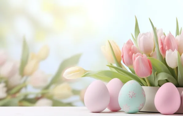 Flowers, holiday, eggs, bouquet, spring, blue, Easter, tulips