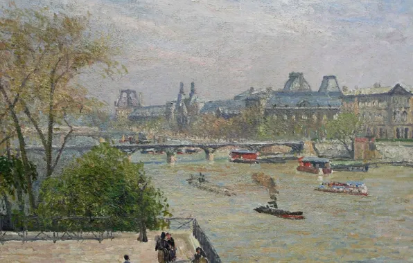Picture bridge, river, Paris, ship, picture, hay, the urban landscape, Camille Pissarro