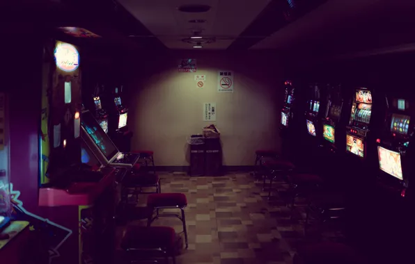 Light, game, garbage, neon, room, chair, arcade