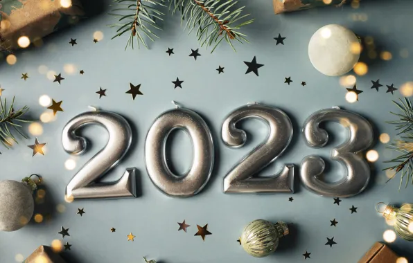 Balls, branches, figures, New year, needles, stars, date, Christmas decorations