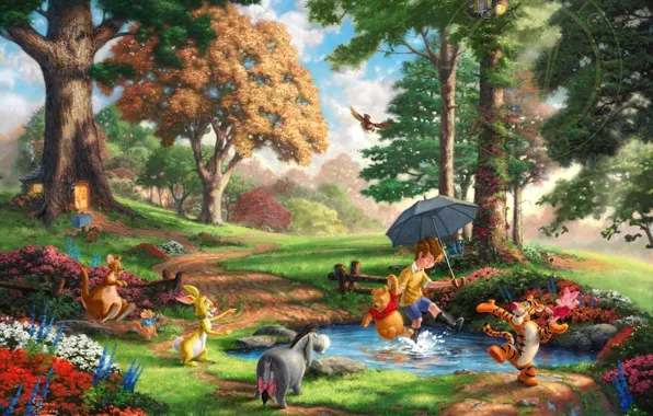 Forest, trees, flowers, glade, toys, Rabbit, art, Winnie The Pooh