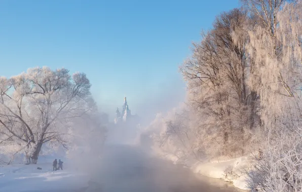 Picture winter, frost, snow, trees, landscape, nature, fog, river