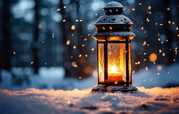 Winter, snow, decoration, New Year, Christmas, lantern, light, new year