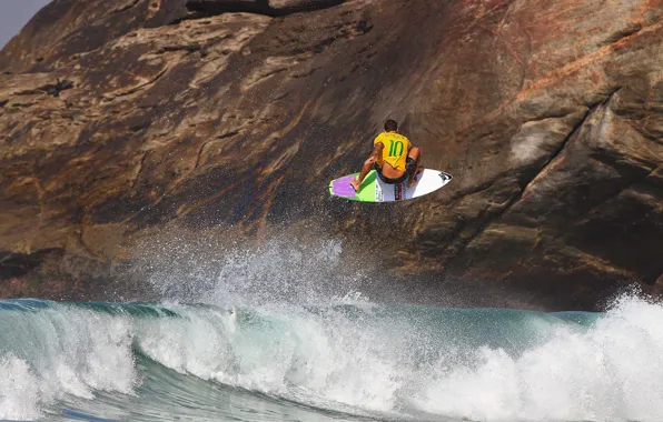 Flight, squirt, wave, surfer, surfing, rock, rock, flying