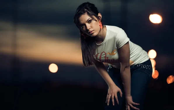 Picture look, darkness, Girl, jeans, brunette, t-shirt