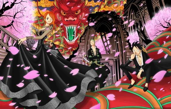 Night, castle, dragon, petals, Sakura, One piece, Zoro, Luffy