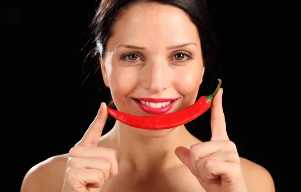 Look, close-up, red, smile, portrait, hands, makeup, brunette