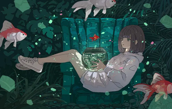 Girl, fish, aquarium