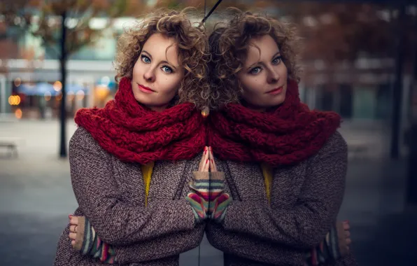 Picture girl, reflection, scarf, brown hair, curls, coat