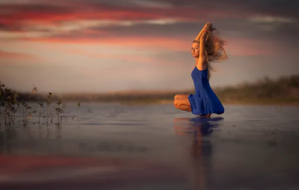 Water, girl, sunset, reflection, dress, Fire Lilly