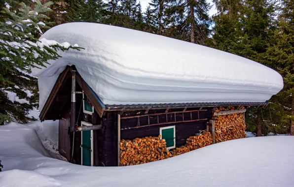 Winter, snow, mountains, Austria, wood, house, stack