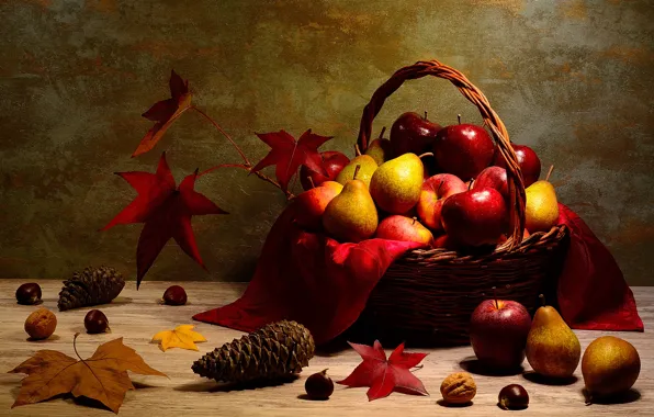 The dark background, table, apples, still life, basket, bumps, pear, autumn leaves