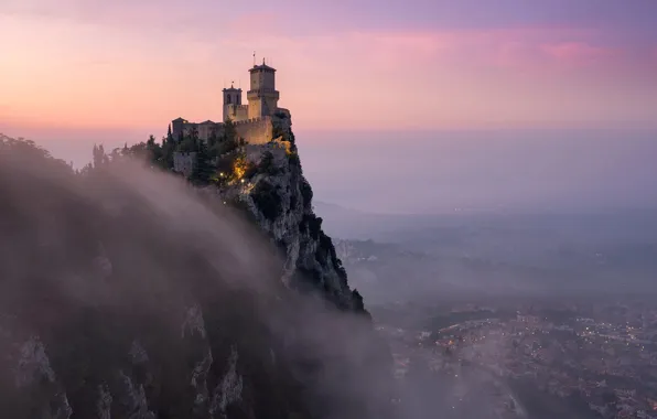 Fog, rock, castle, morning, on the edge